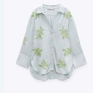 Zara beaded leaf tropical blouse satin blue and green XL Blogger Favorite!